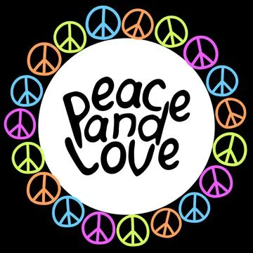Peace and love - vector lettering with frame with international symbols of pa Stock Illustration