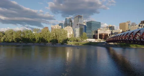 Peace Bridge Calgary Alberta Sunset Pan Bow River Stock Footage 137766407