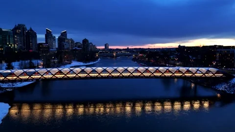 Peace Bridge Steady shot Bow river late Winter evening Stock Footage 334698684
