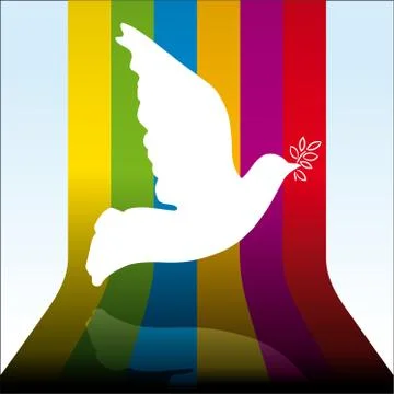 Peace dove flying over 3D rainbow background. Stock Illustration
