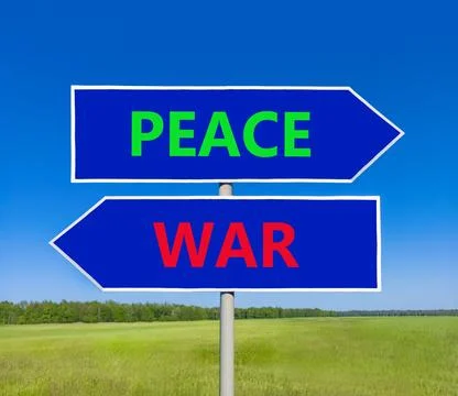 Peace instead war symbol. Concept words Peace and War on beautiful blue roa.. 스톡 사진
