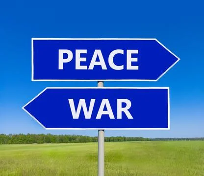 Peace instead war symbol. Concept words Peace and War on beautiful blue roa.. Foto stock