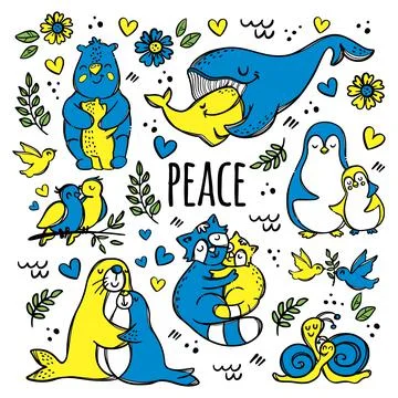 PEACE PLUS ANIMALS Hand Drawn Cartoon Vector Illustration 스톡 일러스트