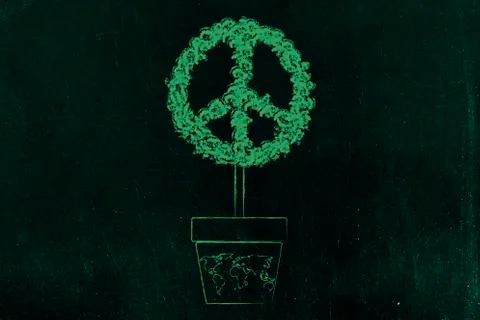 Peace-shaped tree in world map vase Illustrazione stock