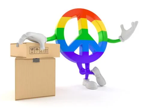 Peace symbol character with stack of boxes Illustrazione stock