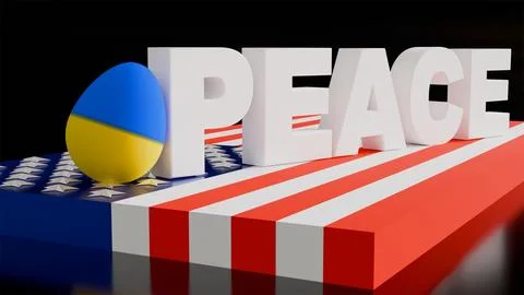 Peace text Easter egg in the colors of the Ukrainian flag stand on the Americ Stock Photos