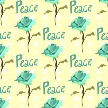 Peace Text With Green Roses Vector Repeat Pattern On Yellow Stock Illustration