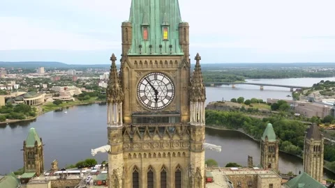 Peace Tower Clock Face Aerial Close-Up Over Ottawa Vídeos de archivo 328848732