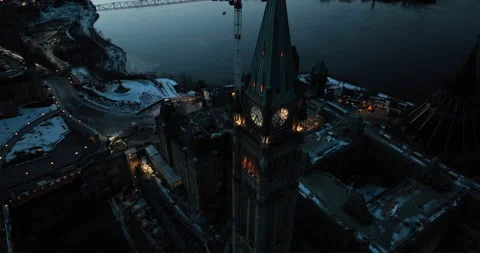 Peace tower close up drone shot at night ottawa parliament Stock Footage 166974967