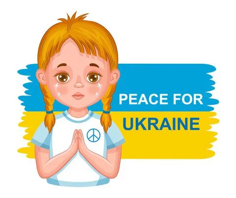 Peace for Ukraine, stop war terrorism. Ukrainian girl pray, nation flag sign Stock Illustration