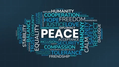 Peace word cloud animation typography motion graphics on blue background Stock Footage 341665333