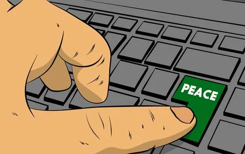 Peace word on computer keyboard. Man push keypad on laptop. Comic book style  库存插图