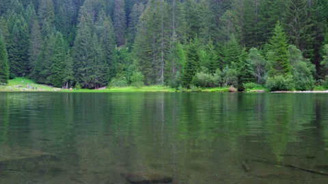 Peaceful alpine lake surrounded by forest Stock Footage 166230866