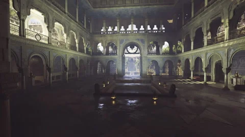 Peaceful architectural setting with intricate details and central water feature Stock Footage 333991866