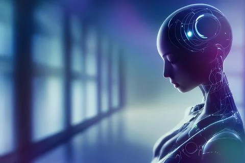 Peaceful Artificial Intelligence Female Android Robot with Dramatic Background Stock Illustration