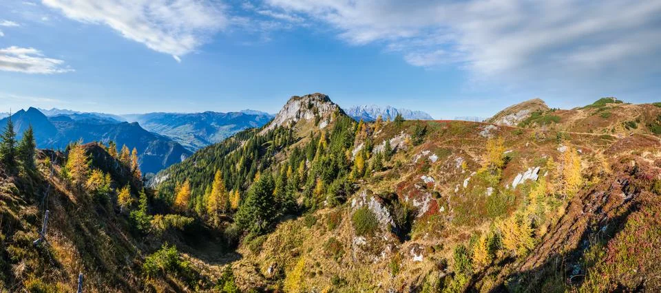 Peaceful autumn Alps mountain sunny view from hiking path from Dorfgastein to Stock Photos
