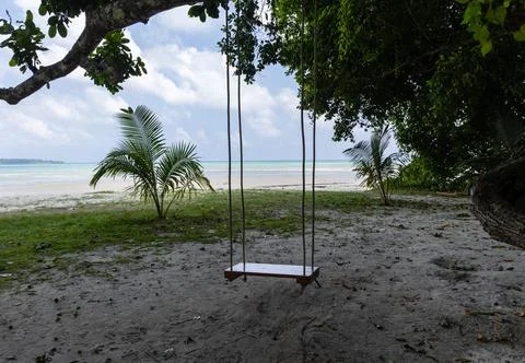 Peaceful beach swing under tree shade facing turquoise sea Foto stock