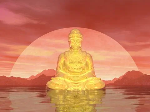 Peaceful buddha meditating alone in front of the moon - 3D render Stock Illustration