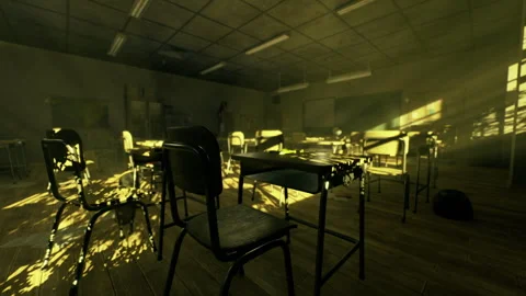 Peaceful classroom scene. Sunlight bathes space after students leave Stock Footage 339628761