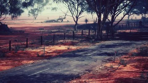 A peaceful countryside road lined with trees and a rustic fence Stock Illustration