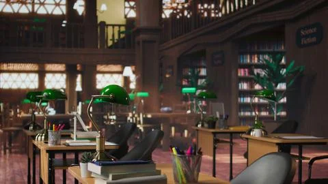 Peaceful empty library featuring wooden shelves and vintage green lamps Stock Photos