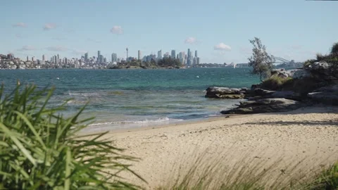 Peaceful empty sandy beach shore overlooking Sydney city skyline on sunny day Stock Footage 287301993