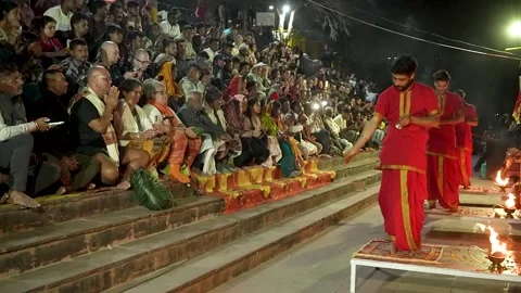 Peaceful Evening Prayer Aarti in Rishikesh India Stock Footage 337627999