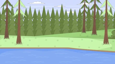 Peaceful forest lake with pine trees 2D cartoon animation Stock Footage 308705853