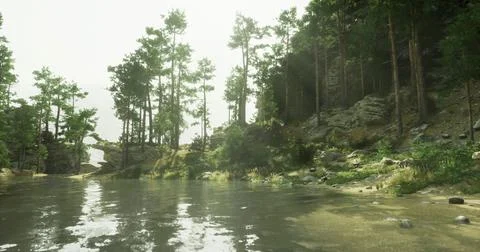 Peaceful forest landscape by a calm river with vibrant greenery Illustration