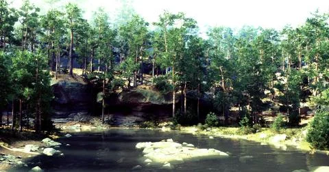 Peaceful forest landscape with a tranquil river and natural scenery Stock Illustration