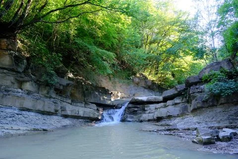 Peaceful forest stream with a small waterfall and rocky canyon Stock Photos