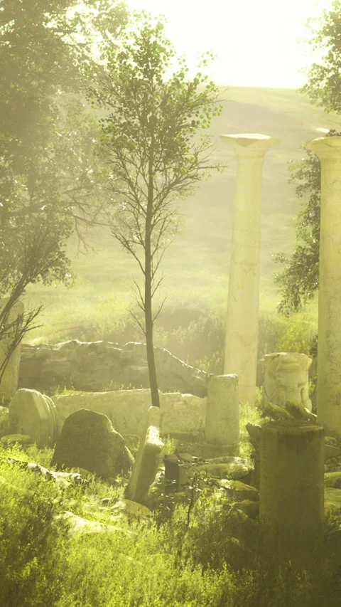 Peaceful landscape featuring old columns surrounded by soft haze and moss bases Vídeos de archivo 327616003