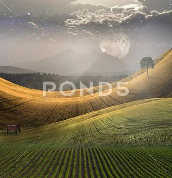Peaceful landscape with mountain Stock Illustration