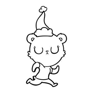 Peaceful line drawing of a bear running wearing santa hat Illustrazione stock