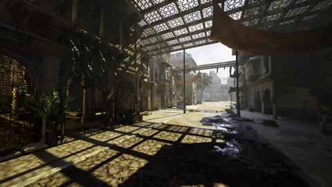 Peaceful old market scene with dramatic shadow play and arches Stock Footage 340657054