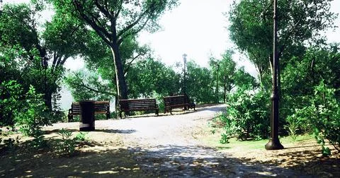 Peaceful park path with benches surrounded by lush greenery on a sunny day Ilustração Stock