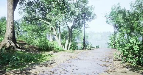 Peaceful park pathway surrounded by lush greenery near a serene lake Ilustração Stock