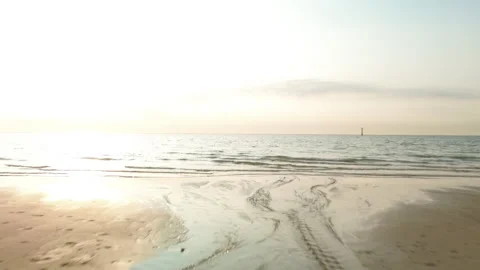 Peaceful Pathway along Tranquil Beach with Flying Seagulls at Sunset Stock Footage 295949687
