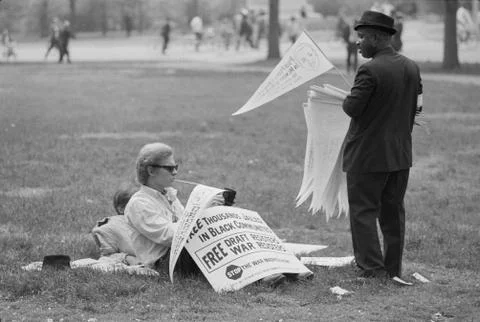 Peaceful Protesters Pennants + Signs: Peace March 1967 NYC Vietnam MLK  Racism Stock Photos