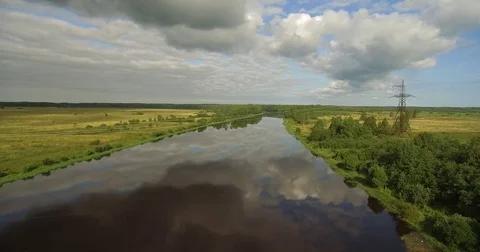 Peaceful river landscape. Aerial landscape Russia Видео 80629341