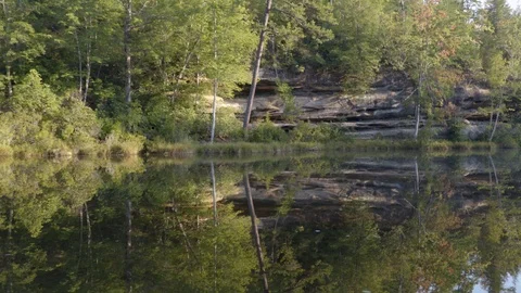 Peaceful riverbank and reflection of trees in the water Stock Footage 106780258