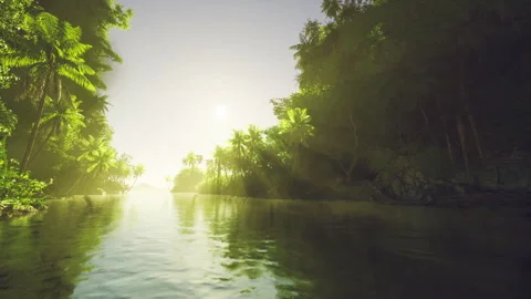 Peaceful riverside pathway glowing with warm amber tones and silhouettes Stock Footage 343615741
