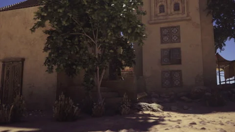 Peaceful setting featuring shadow patterns and textured architectural elements Stock Footage 339792210