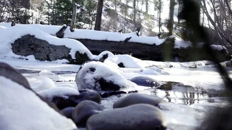 Peaceful stream flows through icy boulders Video stock 83210086