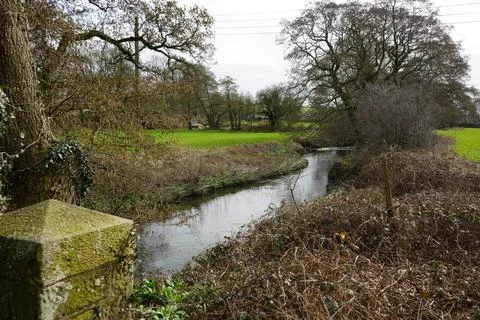 Peaceful Stream Through Green Fields And Trees In Wessington, England Stock Photos