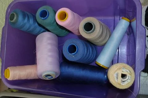 Peaceful Studio Setup Featuring Pastel Threads In Purple Tray Ideal For Cre.. Stock Photos