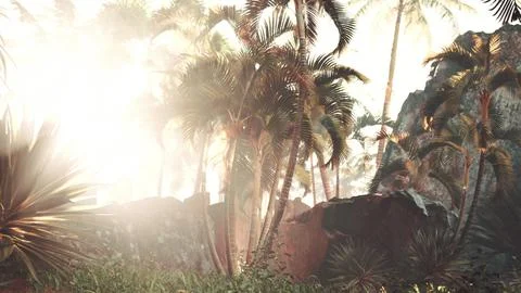 Peaceful sunlight streaming through palm leaves in oasis 스톡 일러스트