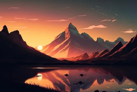 Peaceful sunset near a mountain range. Generative AI Stock Illustration