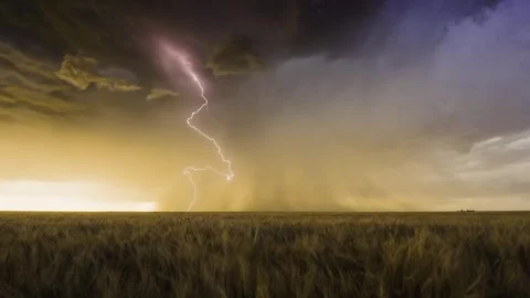 Peaceful Sunset Storm with Lightning Strikes Stock Footage 295188038