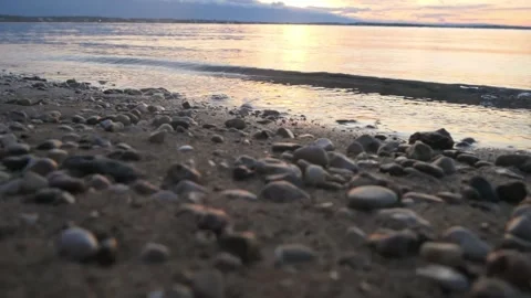 Peaceful sunset view over a rocky beach with calm water Stock Footage 337417079